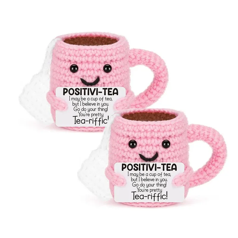 Cheerful Handmade Pink Crochet Tea Cup Doll with Motivational Card - Uplifting Desktop Ornament