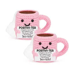 Cheerful Handmade Pink Crochet Tea Cup Doll with Motivational Card - Uplifting Desktop Ornament (2pcs)