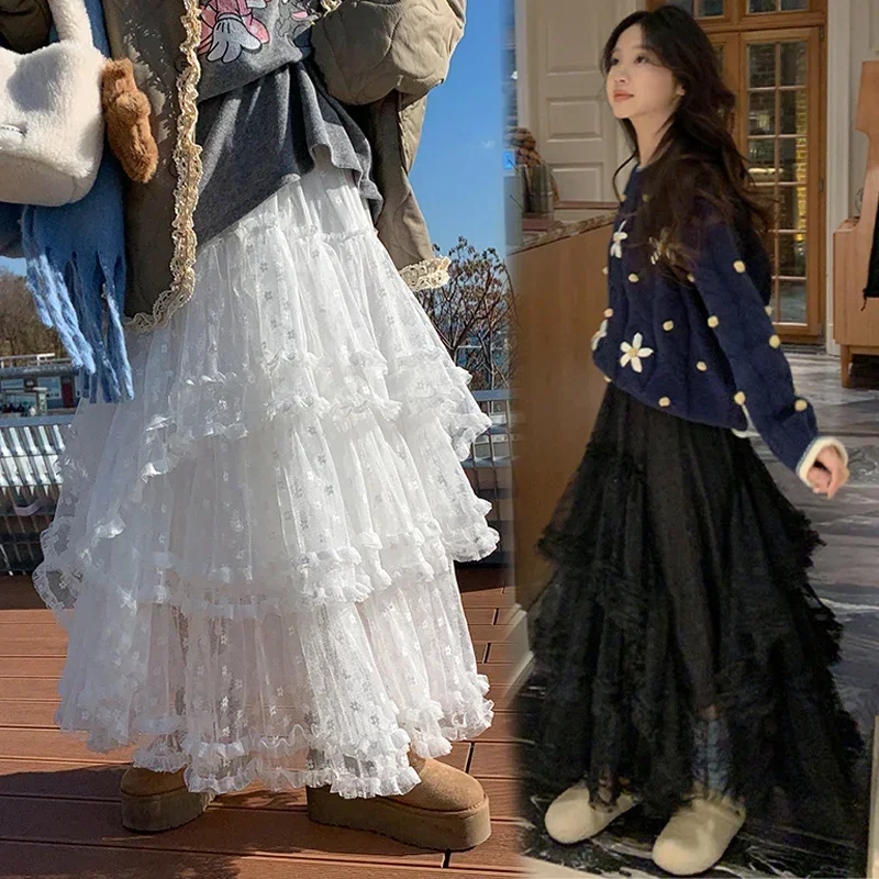 Spring Maternity Lace Skirts Sweet Irregular Polka Dot Mesh Cake Skirt Long Loose Pregnant Woman Ball Gown Party Maxi Skirt