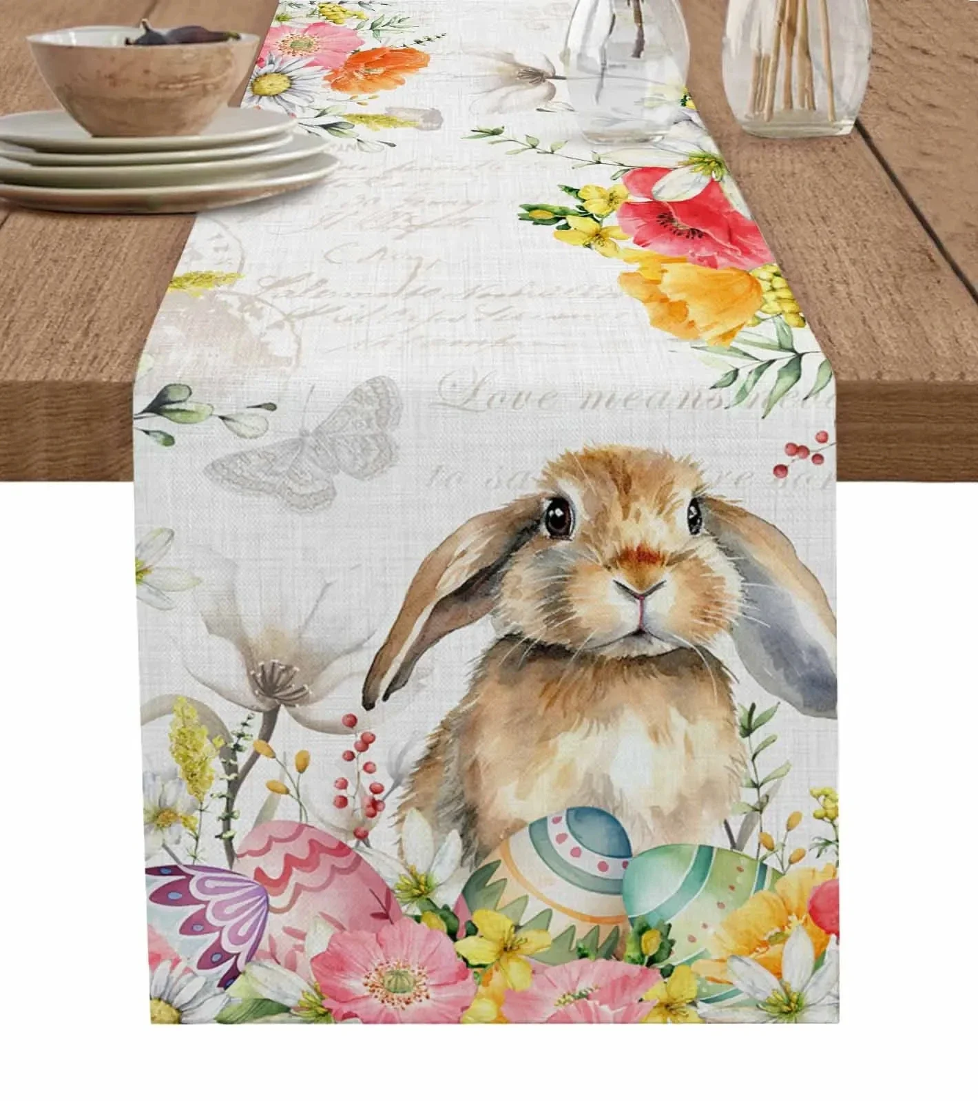 Easter Bunny Spring Flowers Linen Table Runner Washable Dresser Scarves Table Decor Festival Wedding Kitchen Decor Table Runner 3