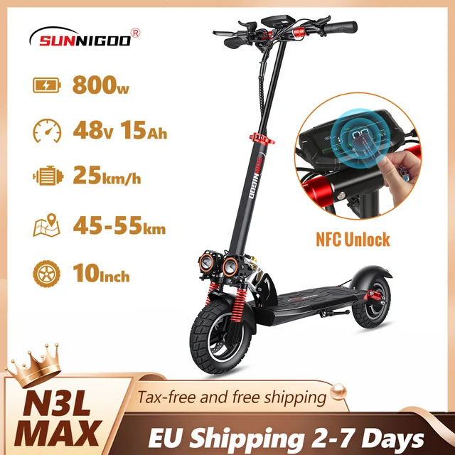 Trottinette électrique SUNNIGOO 800W pour adultes - Vitesse maximale de 25 km/h, autonomie de 45 à 55 km, pneus tout-terrain de 10 pouces, trottinette électrique pliable pour trajets quotidiens 1