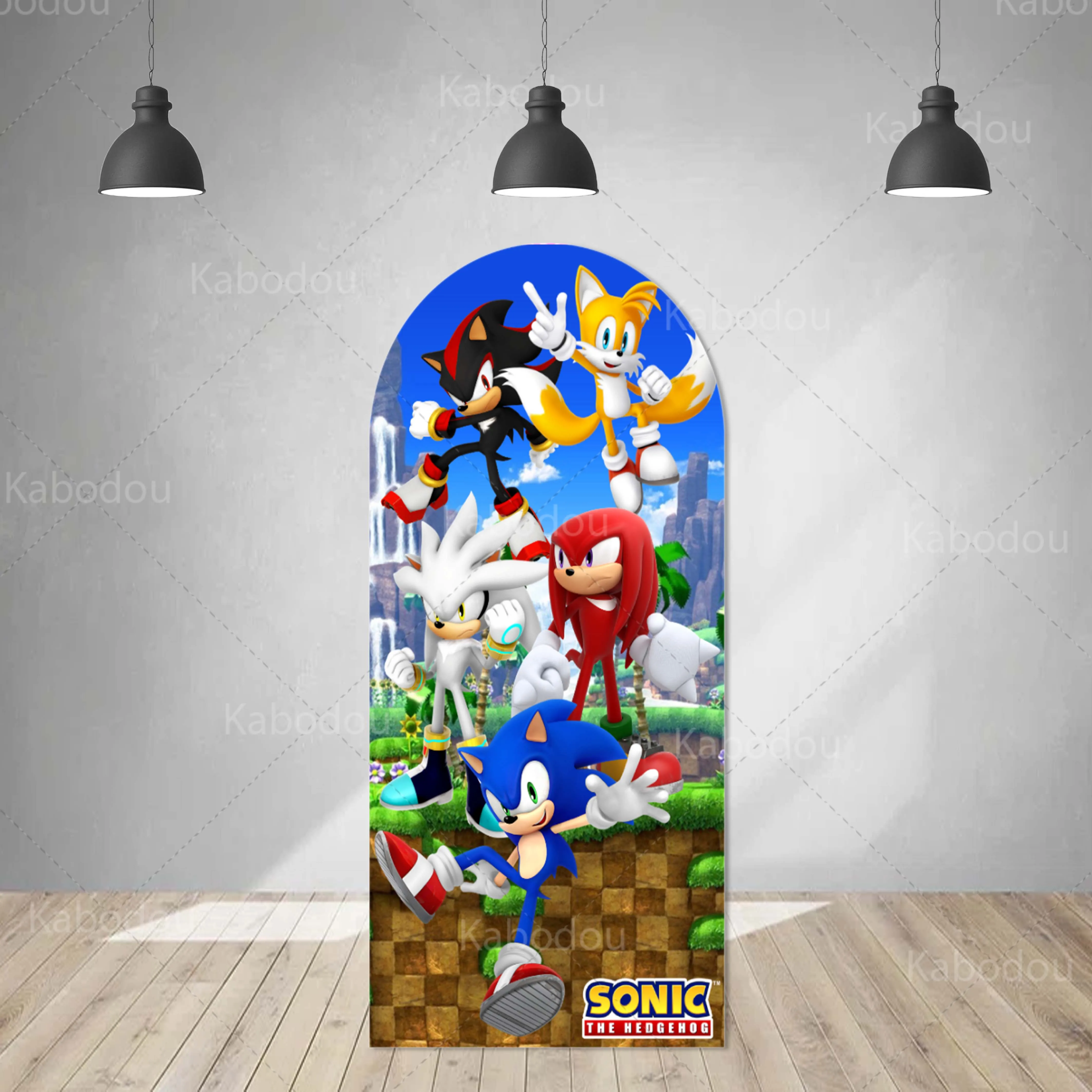 thumbnail image 1 of Fondo de arco de Sonics con erizo de doble cara para decoración de fiesta de cumpleaños de niños, baby shower, fotografía de fondo, accesorios de estudio, 1 of 4