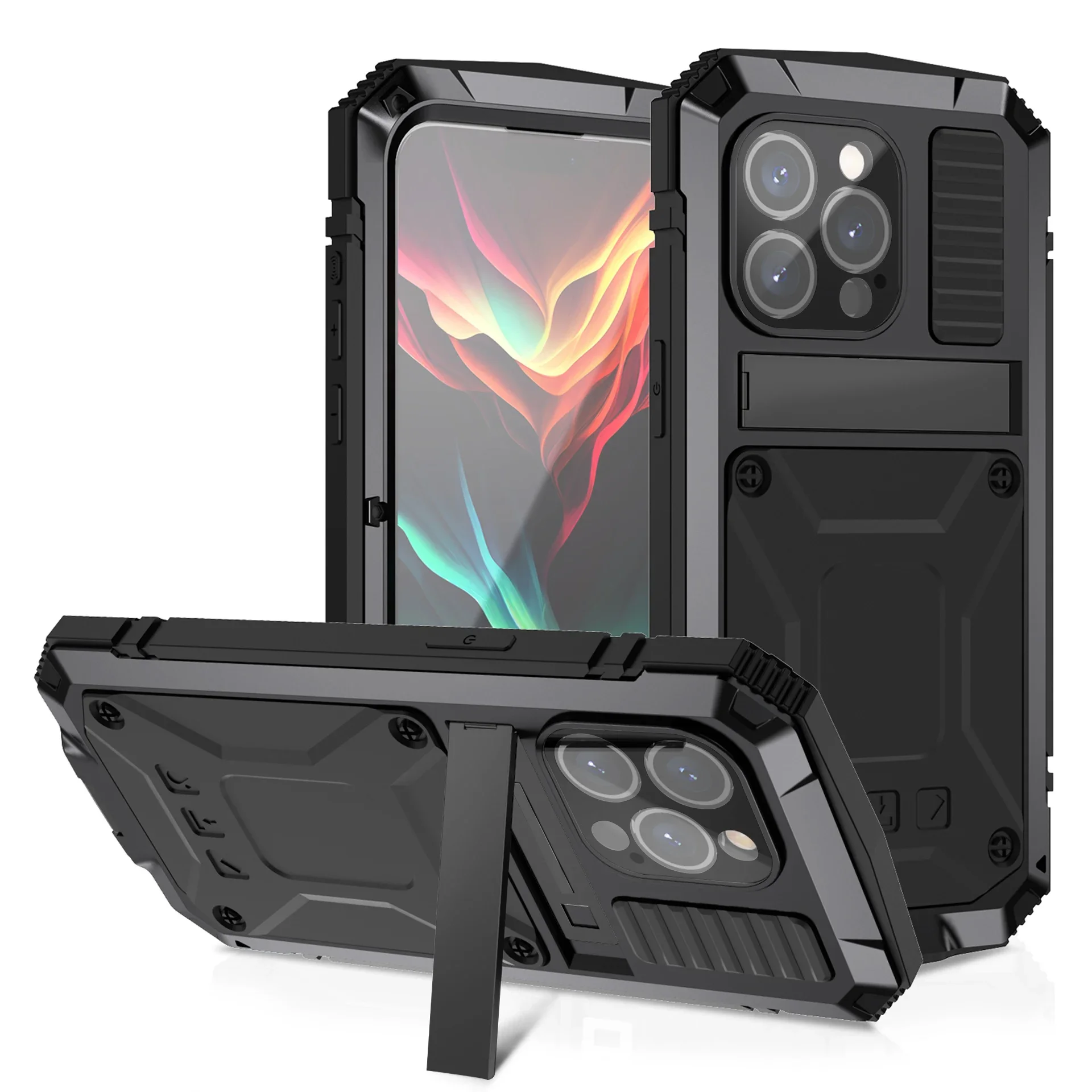 The heavy duty shock-resistant aluminum metal case is suitable for the iPhone 15 Pro Max 15 Plus military screen protector stand
