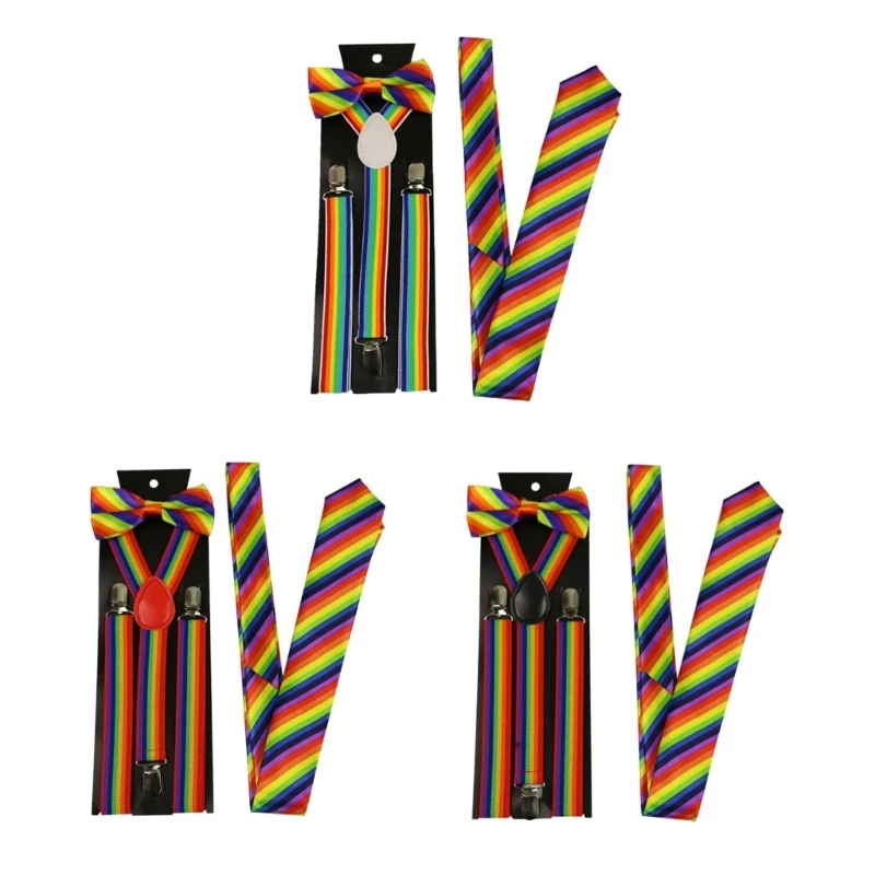 

3pcs Adult Striped Necktie+Clip on Suspenders+Bow Tie Set Woman Detachable Collar Removable Ties Costume Necktie