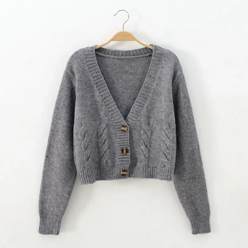 V Neck Cropped Cardigan Women Long Sleeve Twist Knitted Sweater Coats Autumn Winter Keep Warm Korean Fashion Jacket Cardigan 4