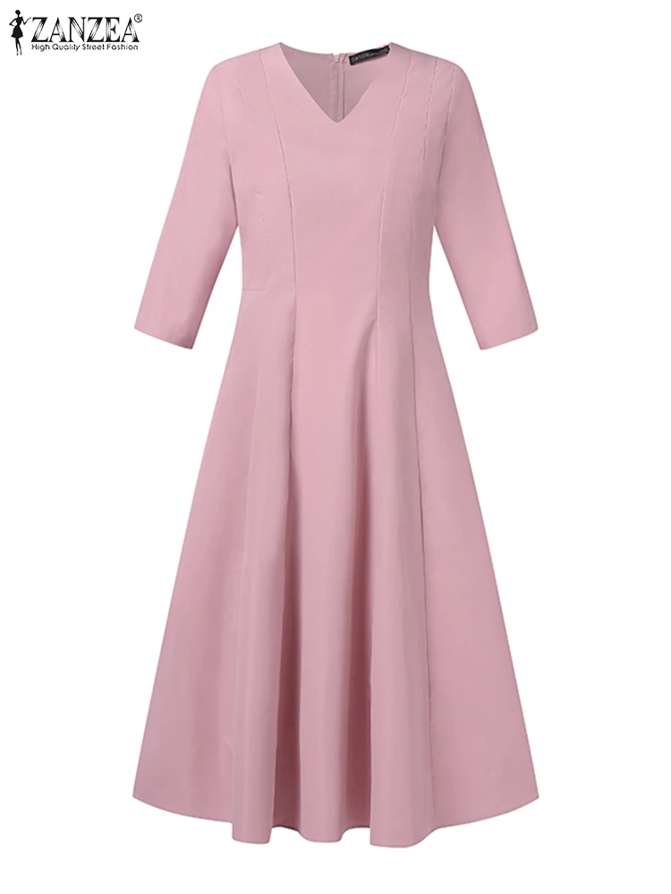 ZANZEA Autumn Elegant Women OL Work Dress Spring V Neck Half Sleeve Party  Sundress Robe Casual Solid A Line Holiday Vestidos