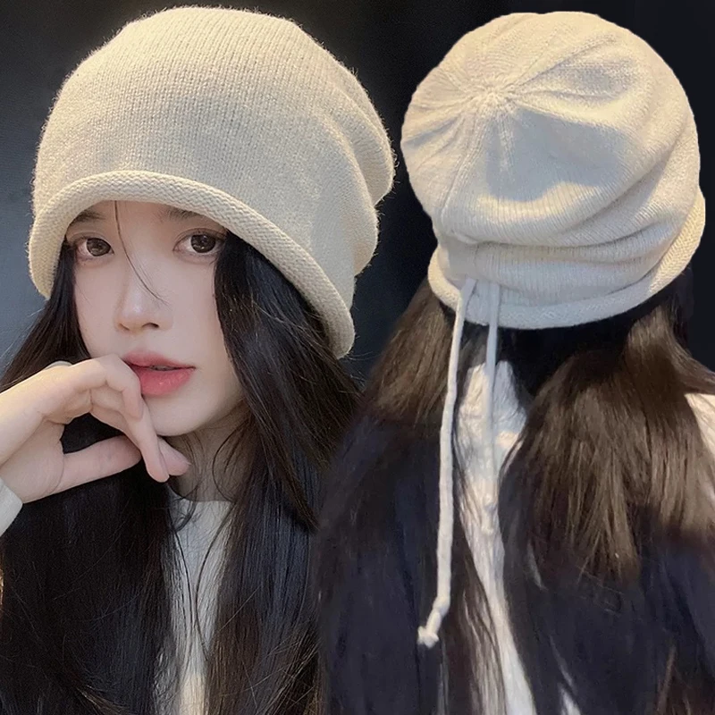 

Soft Baggy Beanie Hat Women Korea Knitted Skull Caps Outdoor Adjustable Drawstring Kpop Slouchy Streetwear Headgear Bonnet