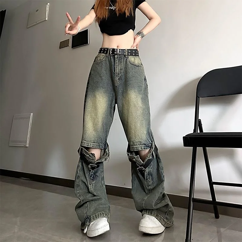 Strap Jeans Men's And Women's Spliced Micro Ragged Cargo Pants Women Jeans High Street Vintage Washed High Waisted Jeans
