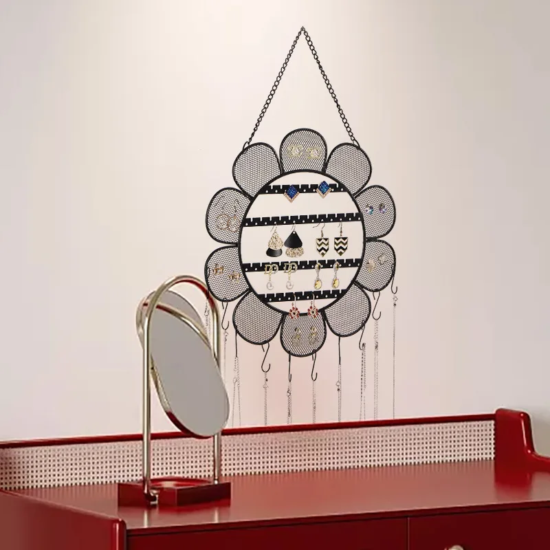 Wall Mounted Sunflower Shape Jewelry Rack Hanging Necklaces Bracelets Holder Grid Shape Display Hooks for Earrings Woman Storage