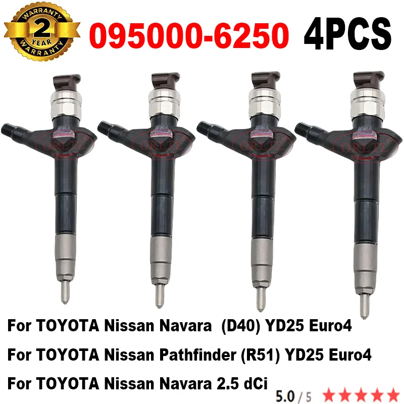 Inyector Common Rail 4 piezas, 095000-6250, 0950006250, 095000, para Nissan YD25 Navara D22 D40 y Pathfinder R50 6250, hasta 2.5L