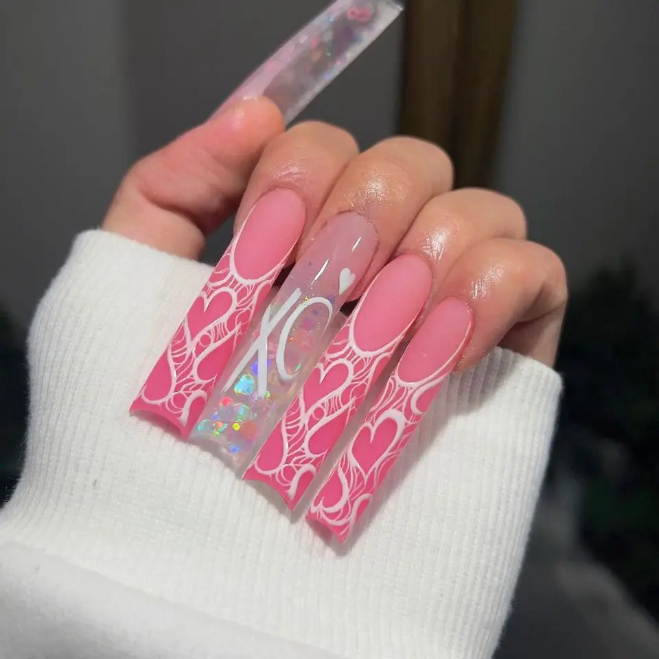 Roze 24-delige glitterpers op nagels Lange doodskist Ballerina Kunstnagels Draagbare Franse nepnagels met hartvorm Lg_voghion.com