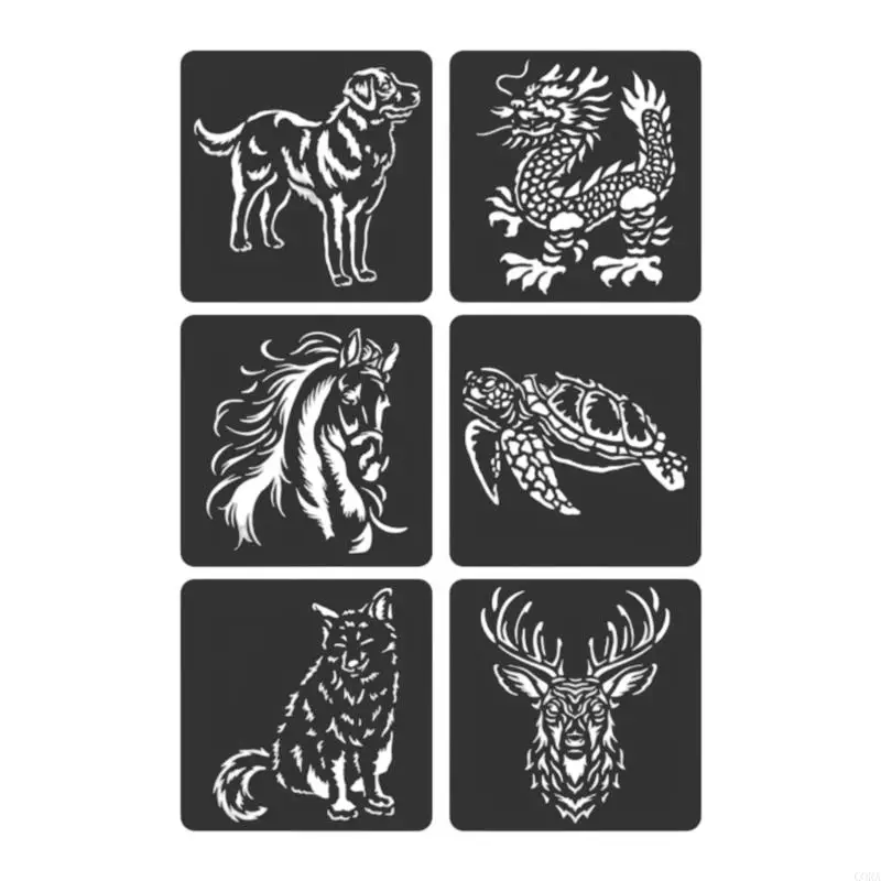 CORA 6 Pcs 동물원 테마 아트 템플릿 스텐실 동물 시리즈 스텐실 페인팅 스텐실