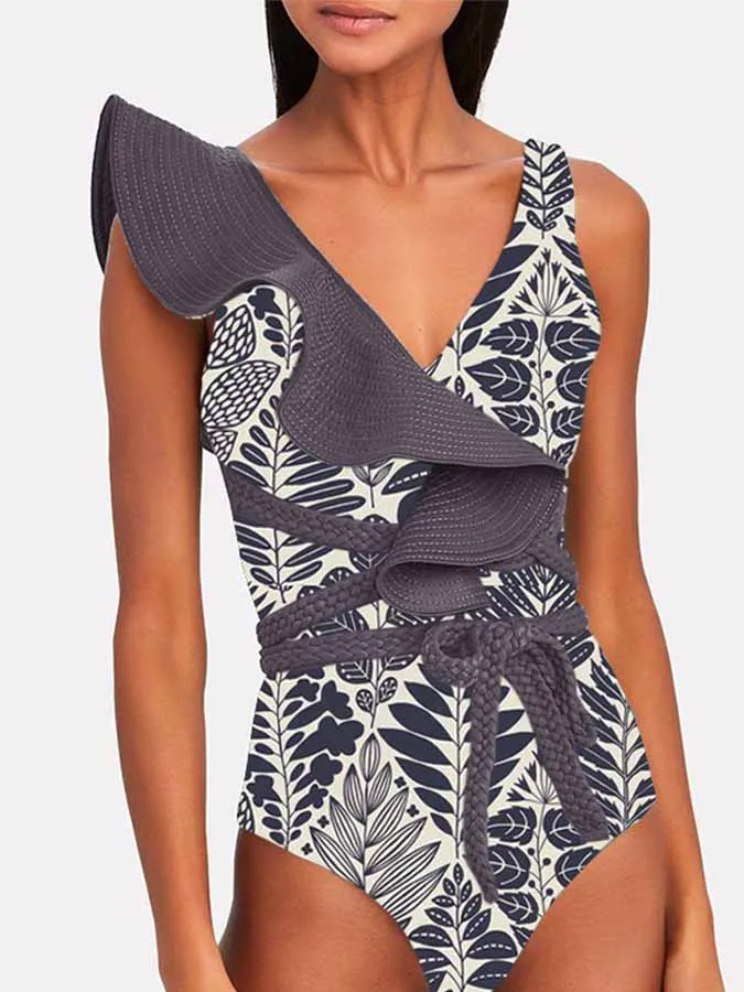 

Deep V-Neck Colorblock Print Ruffle One-Piece Swimsuit