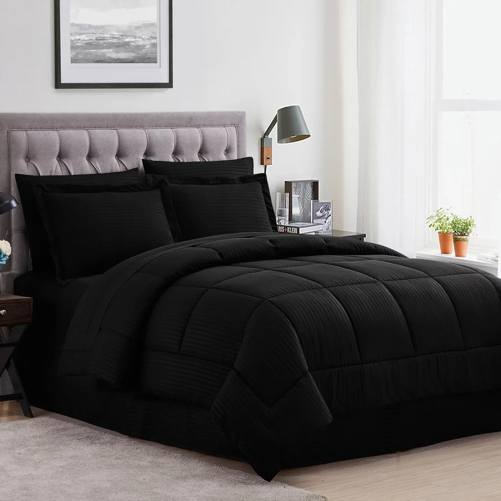 

Queen Bedding Set Black 8 Piece Bed in A Bag Comforter Set with Sheets