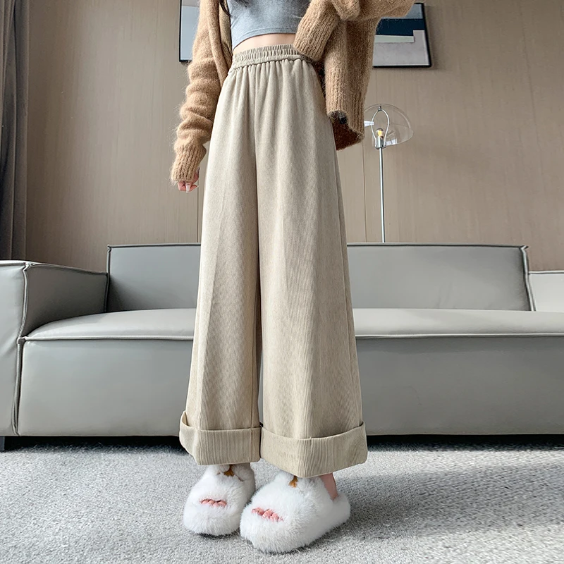 Curled wide leg pants for women in autumn and winter, new elastic high waisted loose and slim casual pants