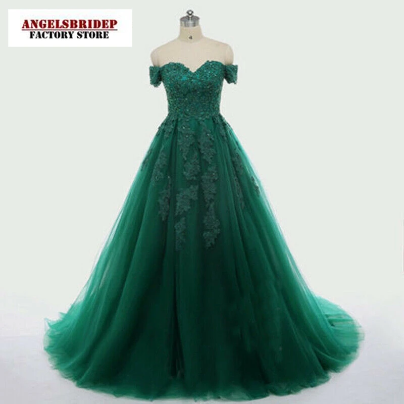 

ANGELSBRIDEP Green Quinceanera Dresses Sweetheart Tulle Long Vestidos De Festa Sexy Off-Shoulder Appliques Formal Prom Gowns