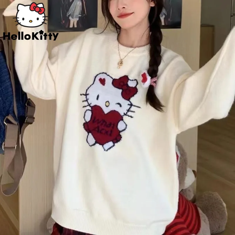 

Sanrio Hello Kitty New Korean Long Sleeve Knitted Tops Women Soft Cute Sweaters Y2k Fashion Pullover Cartoon Round Neck Sweater