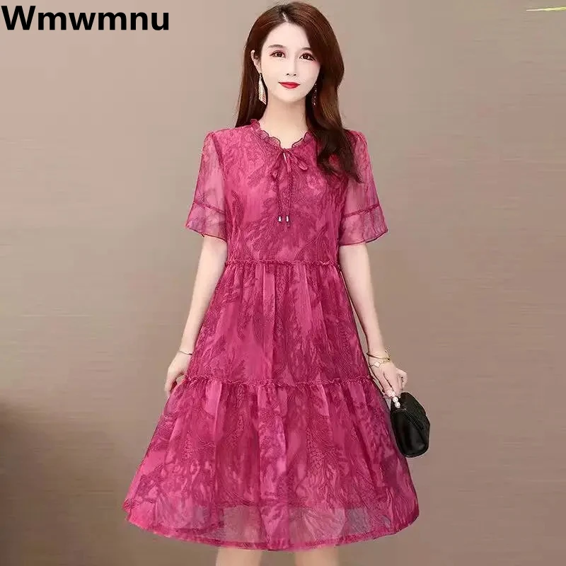 Mesh Lace Print Elegant Loose Knee-length Dress Vintage Korean Women Casual Summer Vestido Oversize 5xl Short Sleeve New Dresses