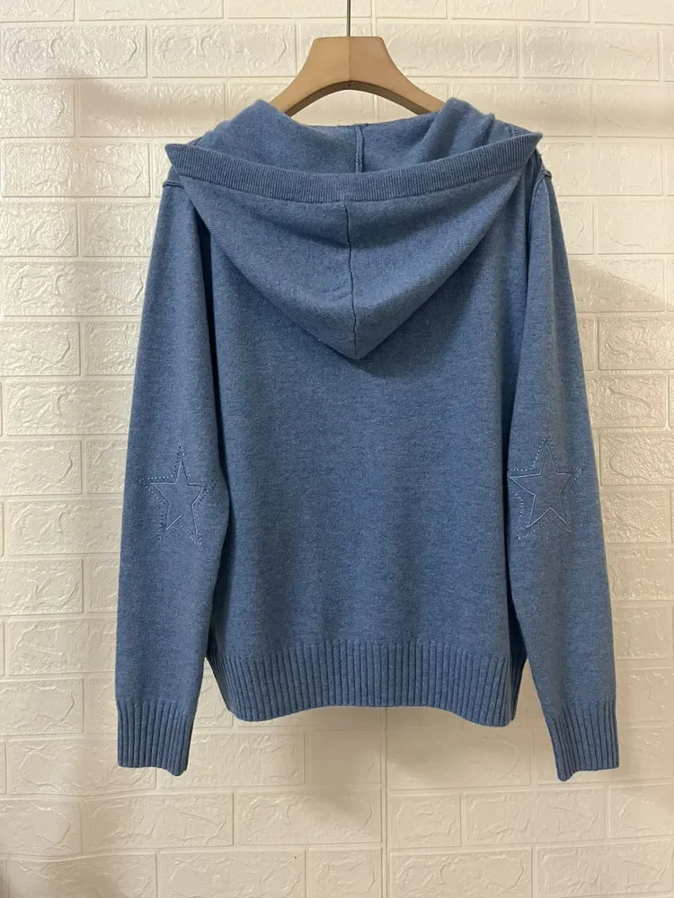 2024 Fall Winter Women Star Embroidery Sweater Zipper 100% Cashmere Long Sleeve Hooded Loose Female Knit Cardigan Coat 6