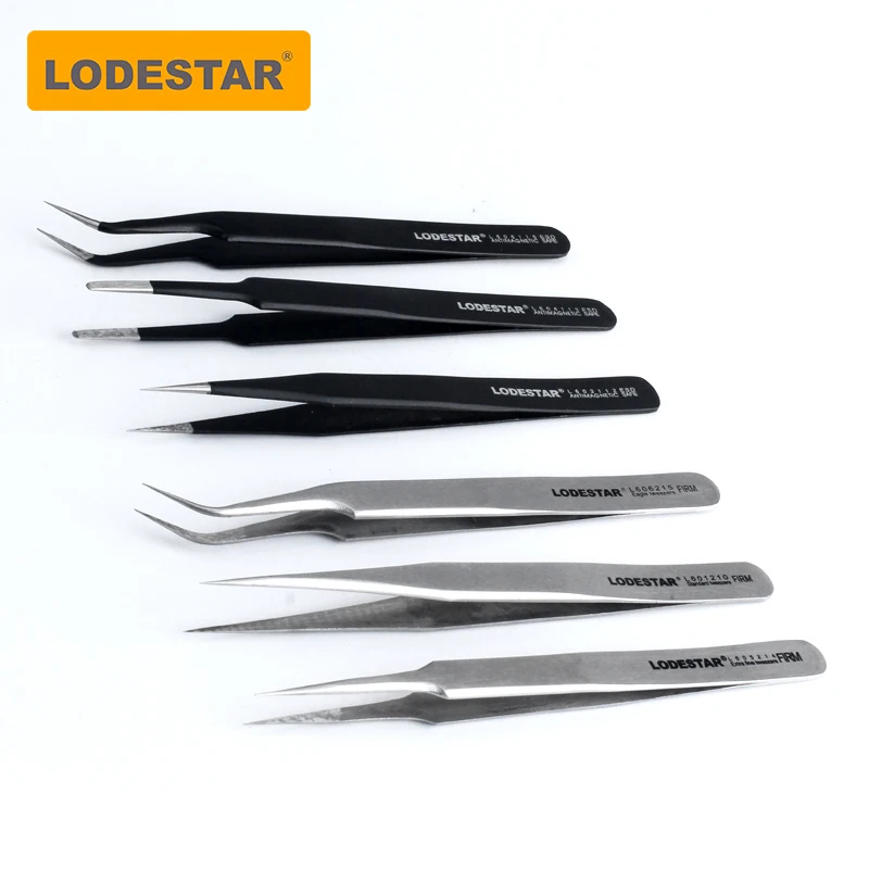 LODESTAR 정전기 방지 스테인리스 스틸 핀셋, 아이폰 유지 보수, 산업용 정밀 곡선 스트레이트 핀셋