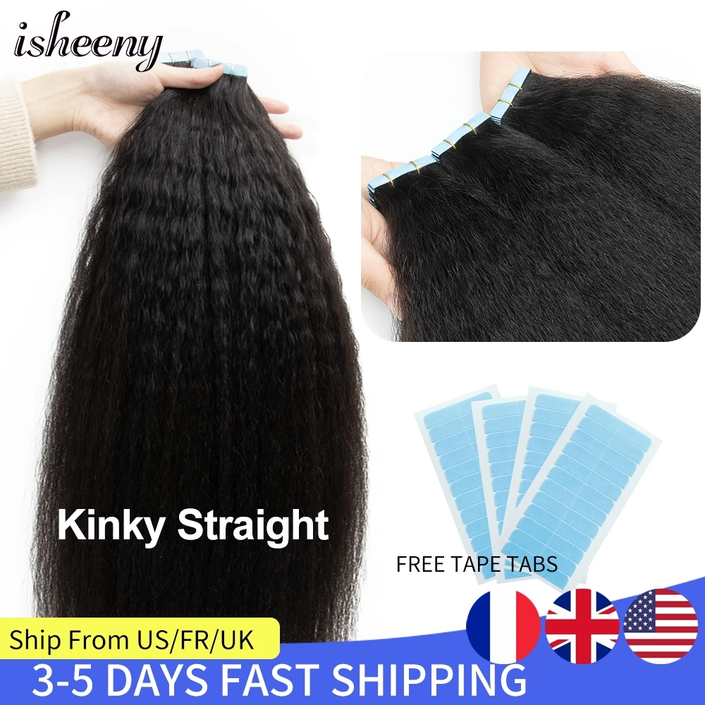 Isheeny Kinky Straight Tape In Human Hair Extensions For Women 12"26