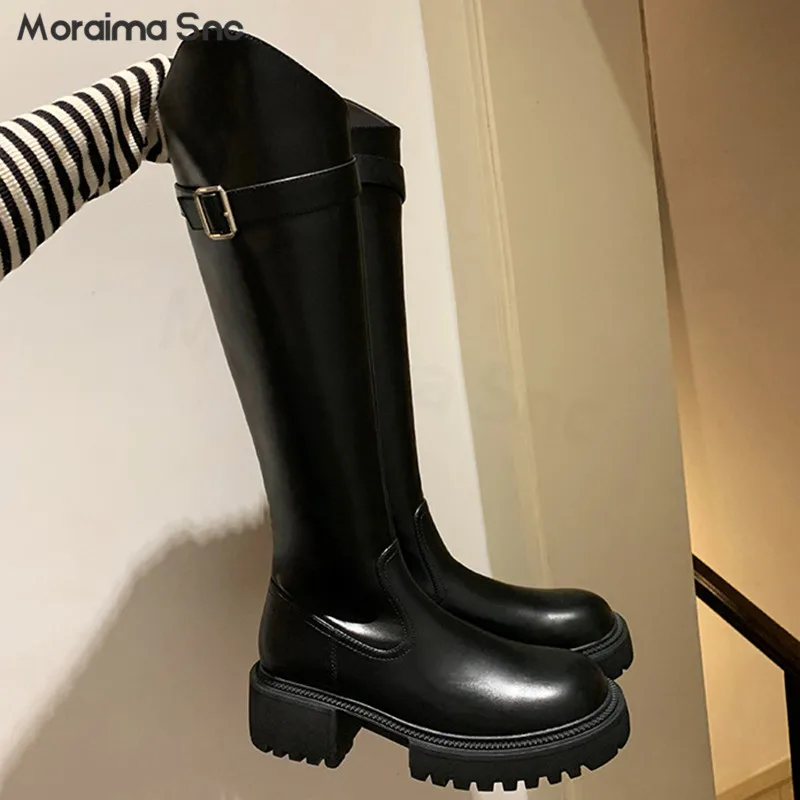 Belt Buckle Oblique Platform Long Boots Round Toe Thick Heel Knee-High Knight Boots Multi-Color Fashionable Casual Women's Boots