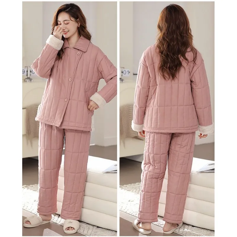 2023 New Cotton Pajama Women's Winter Triple Layer Cotton Padded Thick Sleepwear Warm Coral Fleece Loungewear Loose Homewear Set