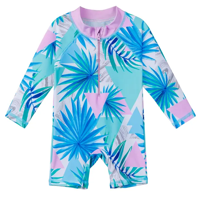 BAOHULU UPF50+ Print Baby Girl Swimsuit Long Sleeve Kids Swimwear One Piece Toddler Infant Bathing Suit for Girls Boys Children S382 CyanGreenLeaves