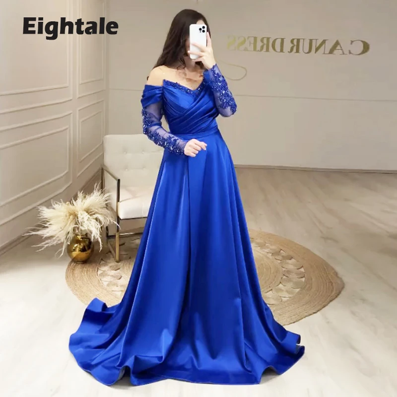 Tanio Eightale Royal niebieska suknia wieczorowa na wesele satynowe zroszony aplikacje długie