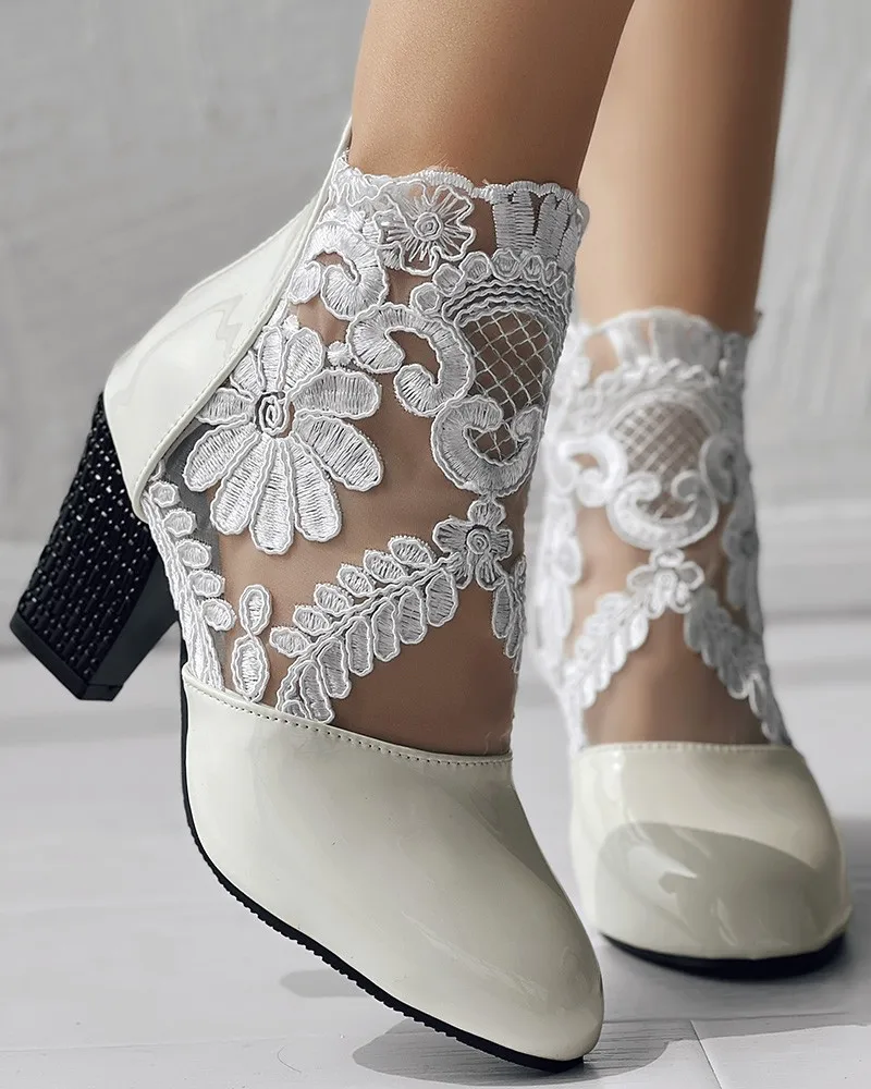 Boots Women's Sandals High Heel Lace Floral Embroidery Patch Chunky Heel Ankle Boot
