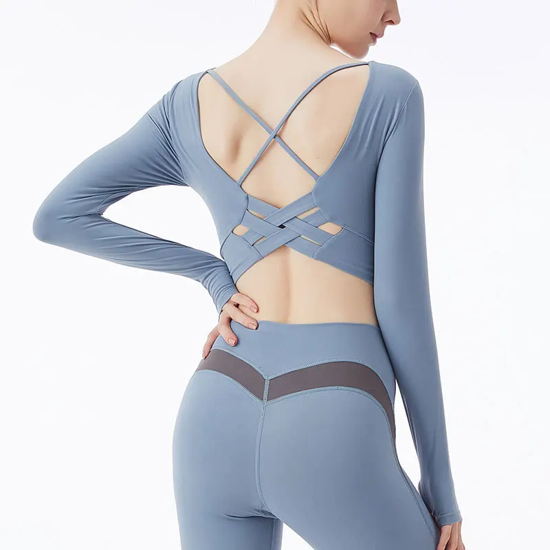 thumbnail image 1 of Yoga de manga corta con copa integrada, Tops cortos, cultivos de gimnasia, Pilates, entrenamiento, ropa deportiva activa, espalda entrecruzada, 1 of 5