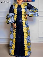 Plus Size VONDA Bohemian Vestidos Women Casual Flared Long Sleeve Maxi Dress Round Neck Loose Print Sundress Ruffles Long Robes - Image 3