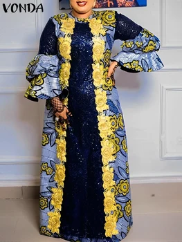 2024 VONDA Bohemian Ruffles Maxi Dresses Women Casual Flared Long Sleeve Vestidos Round Neck Loose Print Sundress Pleated Robes 1