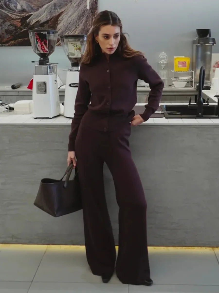 Bornladies Women's New Autumn Winter Knit  Cardigan Pants Set Slim Fit Long Sleeve Long Trousers Simple Solid Color Sweater Suit