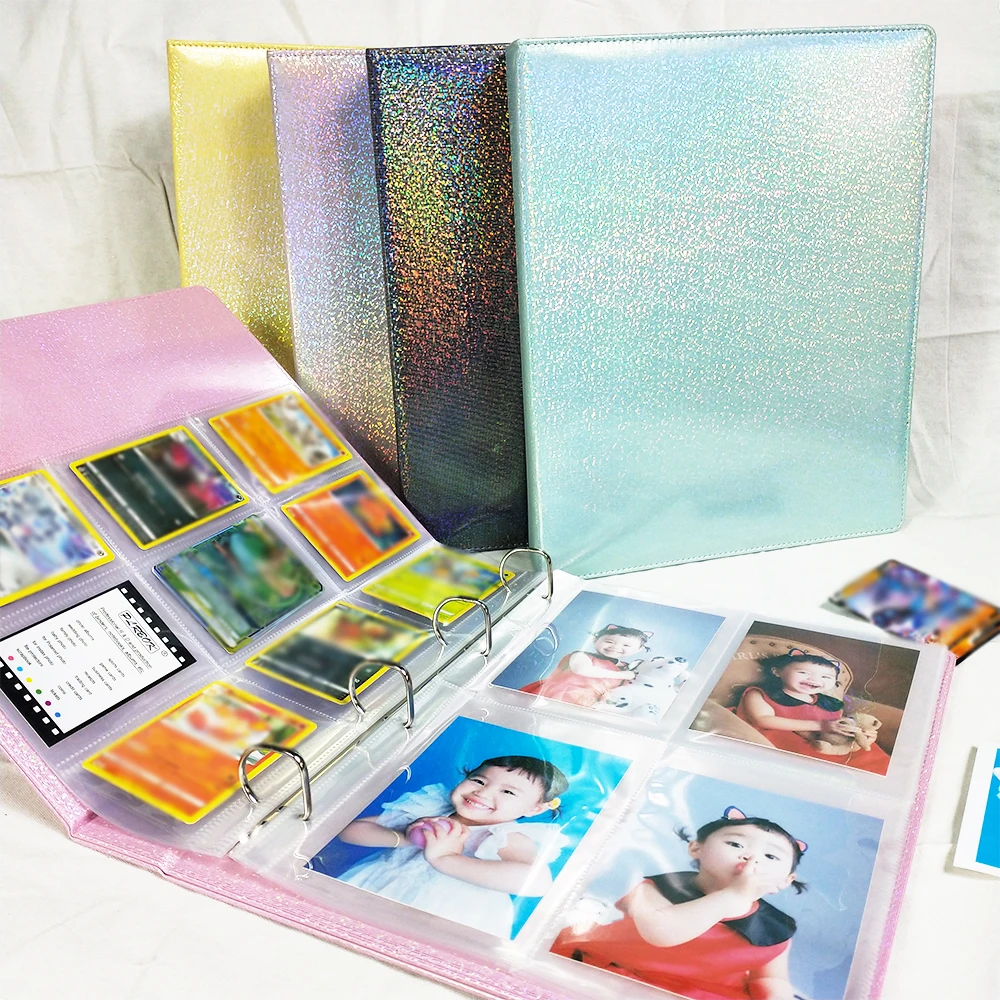 Leather Card Book com Glitter e Laser Dazzling Álbum de Fotos Binder Cartão Postal Pasta de Poupança de Papel a4 tipo d × 10 × 15