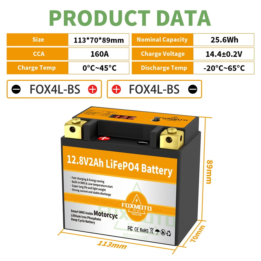 Fox4L-Bs 12V 25.6Wh Cca 160A Bms Moto Start Batteria 12.8V Litio Ferro Fosfato Scooter Lifepo4 Batterie Ytx4L-Bs Ytx4L