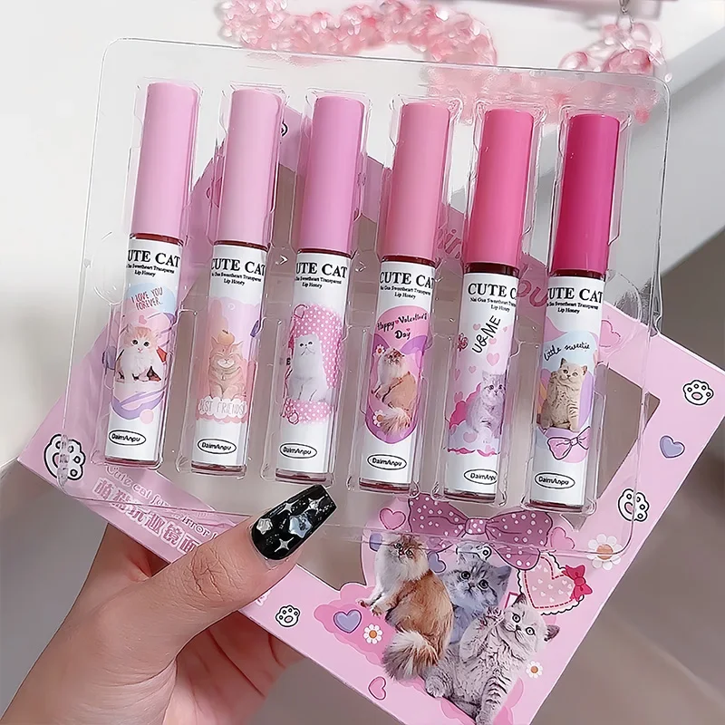 6Pcs/set Cute Cat Mirror Water Lip Gloss Set Red Tint For Lips Makeup Long Lasting Glass Lip Glaze Waterproof Lipstick Kit lip gloss lip makeup lip glaze lip tint