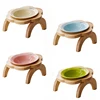 Cat Food Bowl with Wood Holder Stand Flower Shaped Ceramic Food Dish Water Bowl Cat Feeding Drinking Plates Multi Color