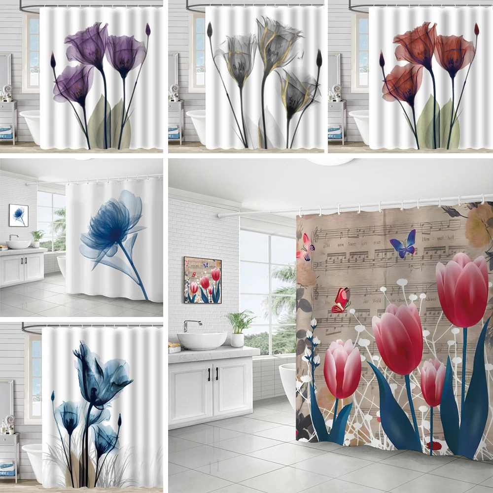 

Tulip Flowers Printed Shower Curtain Waterproof Fabric Bathtub Decor Privacy Shower Screen with Hooks Bathroom Decoration