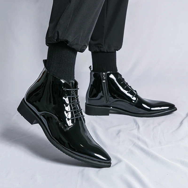 Luxury Chelsea Boots Men's Shiny Leather Shoes Pointed High Top Shoes Men's Banquet Dress Shoes High-end Purple Red Short Boots