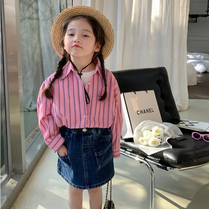 Dívčí korejské styl pruhované košile 2023 jaro nový ležérní a volné all-matching klopa pohodlné káča móda pro outdoorové