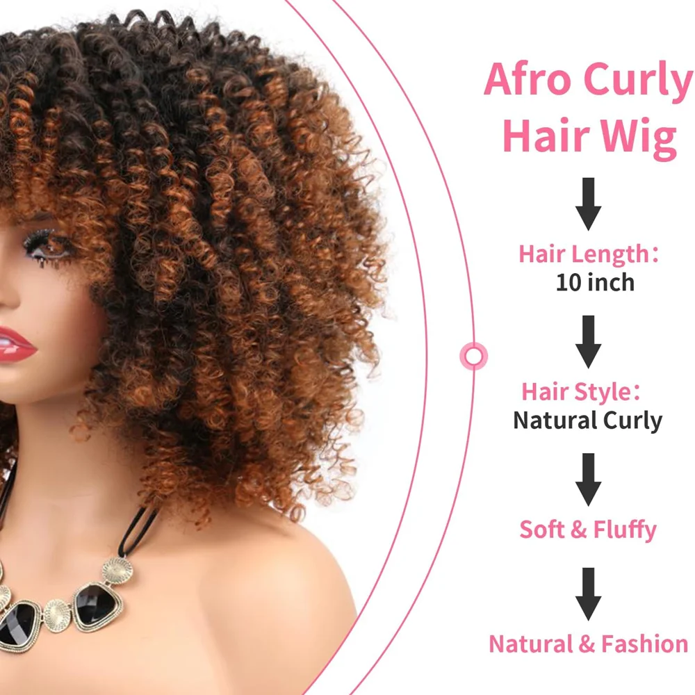 10Inch Short Curly Afro Wigs with Bangs Bomb Afro Kinky Curly Wig Synthetic Fiber Full Wig Natural Looking for Women Christmas