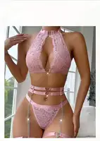 Ensemble de lingerie sexy push-up en dentelle avec porte-jarretelles et collier ras-du-cou, soutien-gorge à armatures et string pour femme 2