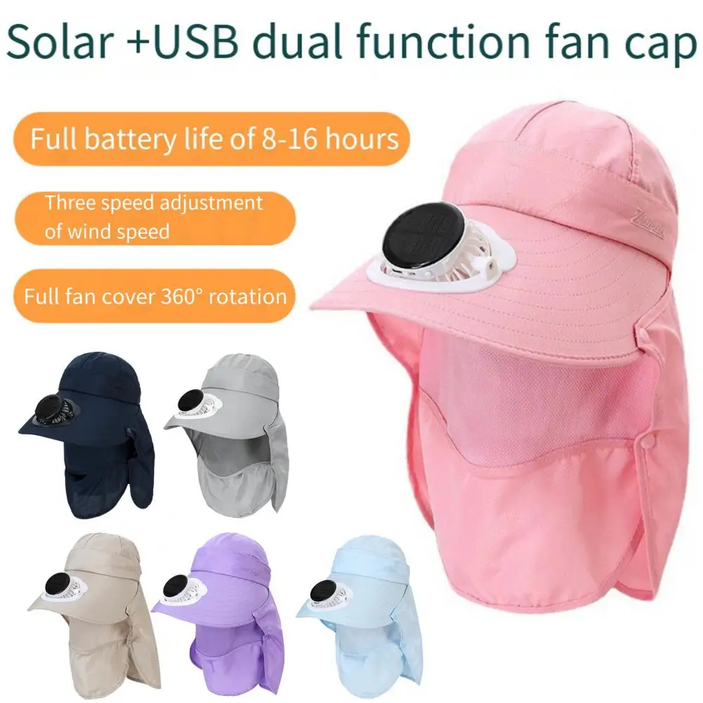 Solar Fan Hat with Neck Flap USB Rechargeable UV Cooling Fan Cooling Fishing Hat Fisherman Hiking Sun Caps