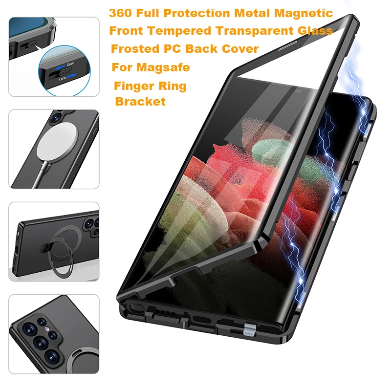 

Magnetic 360 Full Protection Metal Snap Lock Case For Samsung S23 S24Ultra S22Ultra Front Tempered Glass+Frosted PC Back Cover