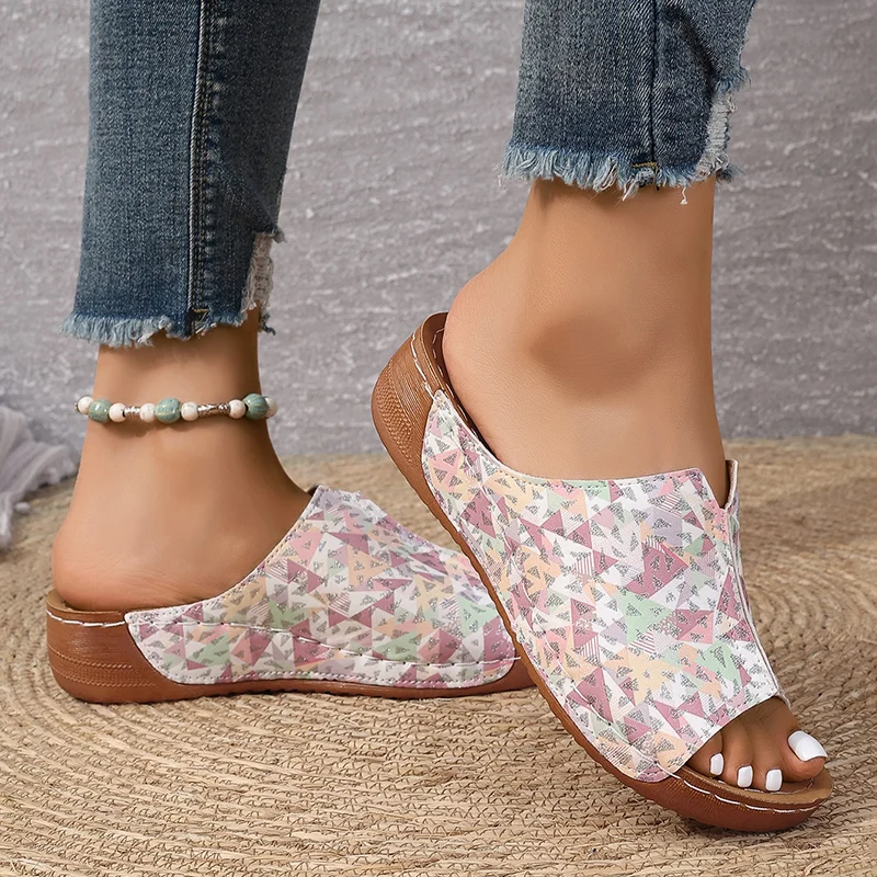 Mix Color Med Heels Slippers Women 2025 Summer Pu Leather Thick Platform Sandals Woman Lightweight Open Toe Non-Slip Flip Flops 6