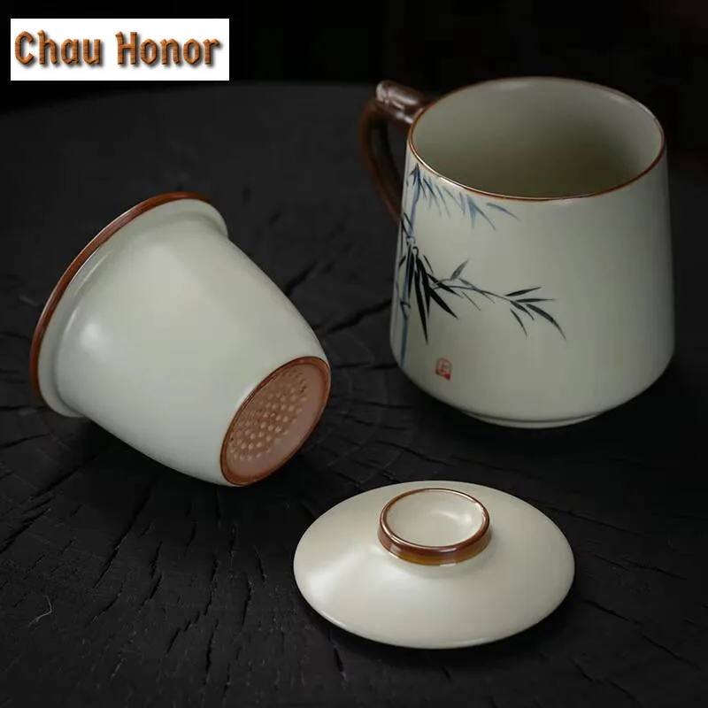 390ml Hand-painted Beige Ru Kiln Open-piece Ceramic Tea Cup Office Cup with Lid Filtered Water Cup Personal Use Mug Gift Box