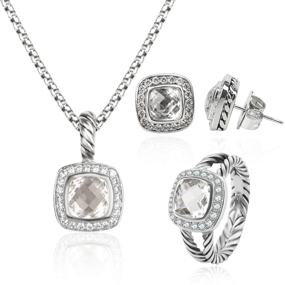 

Classic 3Pcs Jewelry Set 7mm Imitation White Topaz Earrings Pendant Necklace Rings for Women