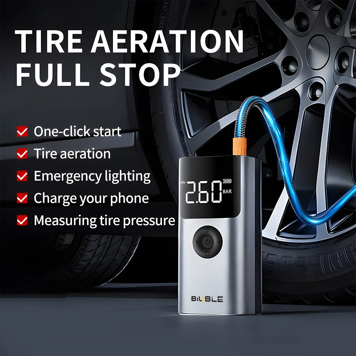 BIUBLE 2 in 1 Car Jump Starter Gas Filled 5000A Peak Aerate Quickly 12V with Fast Charging With LED Screen