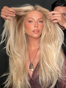 Parrucca di Lusso da Donna Sintetica con Frontale in Pizzo, 5% Capelli Umani, Biondo Dorato con Riflessi, Liscia Naturale, Radici Cenere, Calotta Piccola